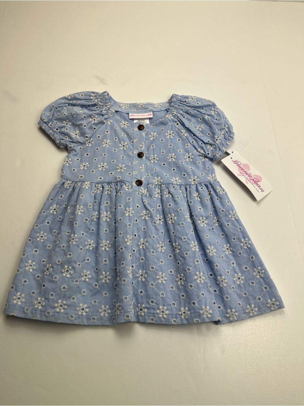 Bonnie Jean Blue Floral Eyelet Cotton Baby Dress Girls Size 3T Short Sleeve NEW